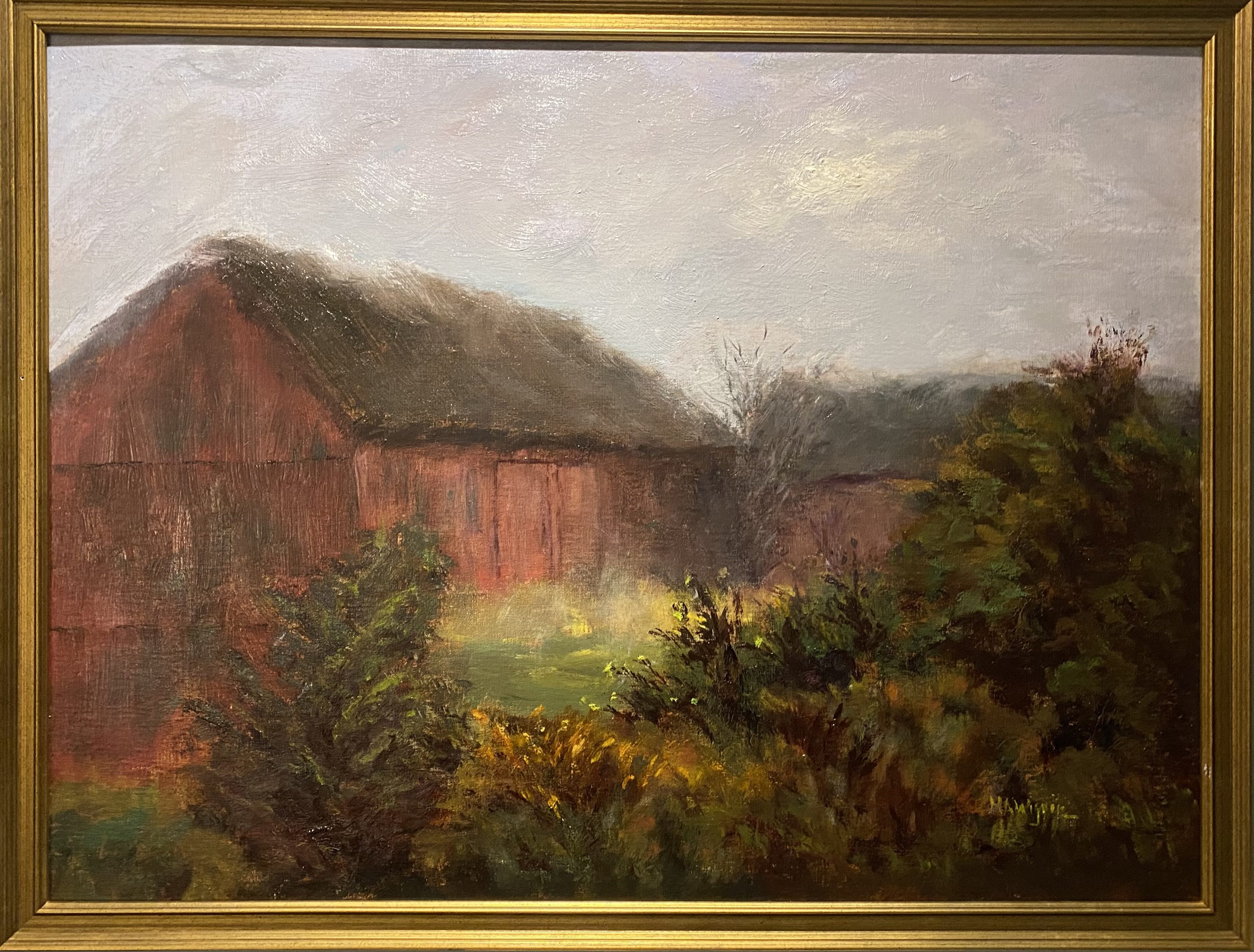Barn in the Mist 18×24 Oil on Linen Framed $1150