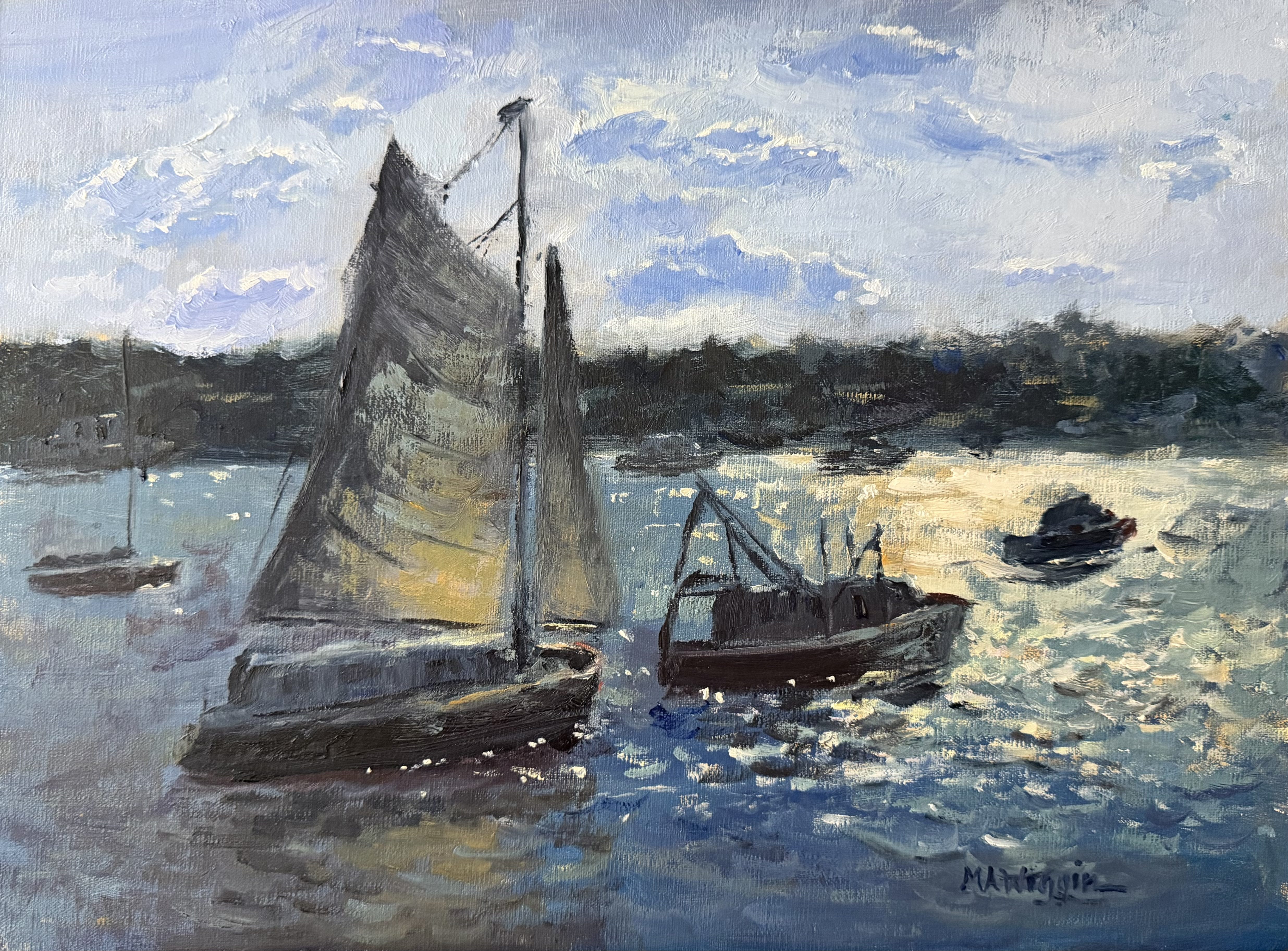 Sailing Into the Harbor Light 12×16 oil in linen $800