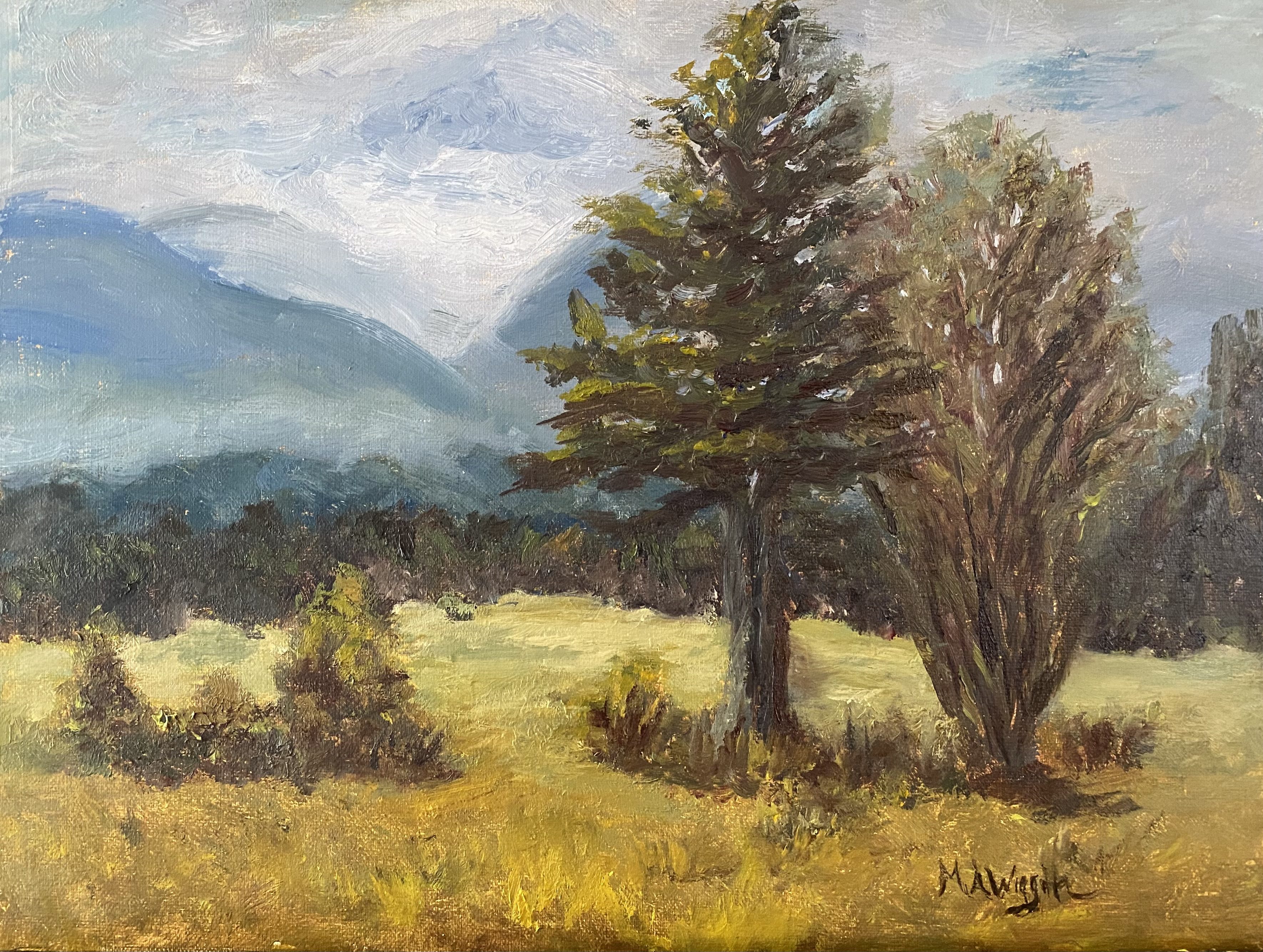The Pine and the Poplar 9×12 Oil on Linen Framed $500